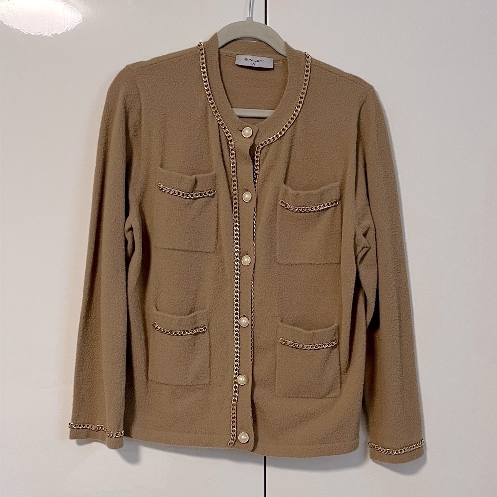 BAILEY Beige Textured Cardigan Pearl Button and Chain Detail, Size L
